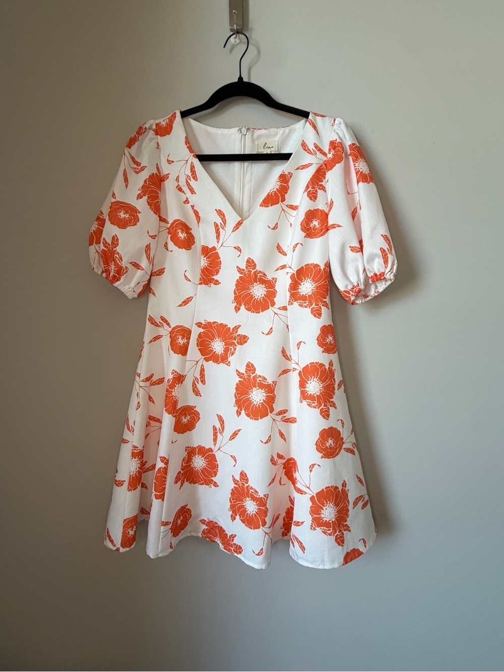 Lena White with Orange Floral Puff Sleeve Dress Size S